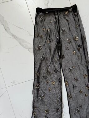 Black Mesh Sequin Star Wide Leg Pants - XS